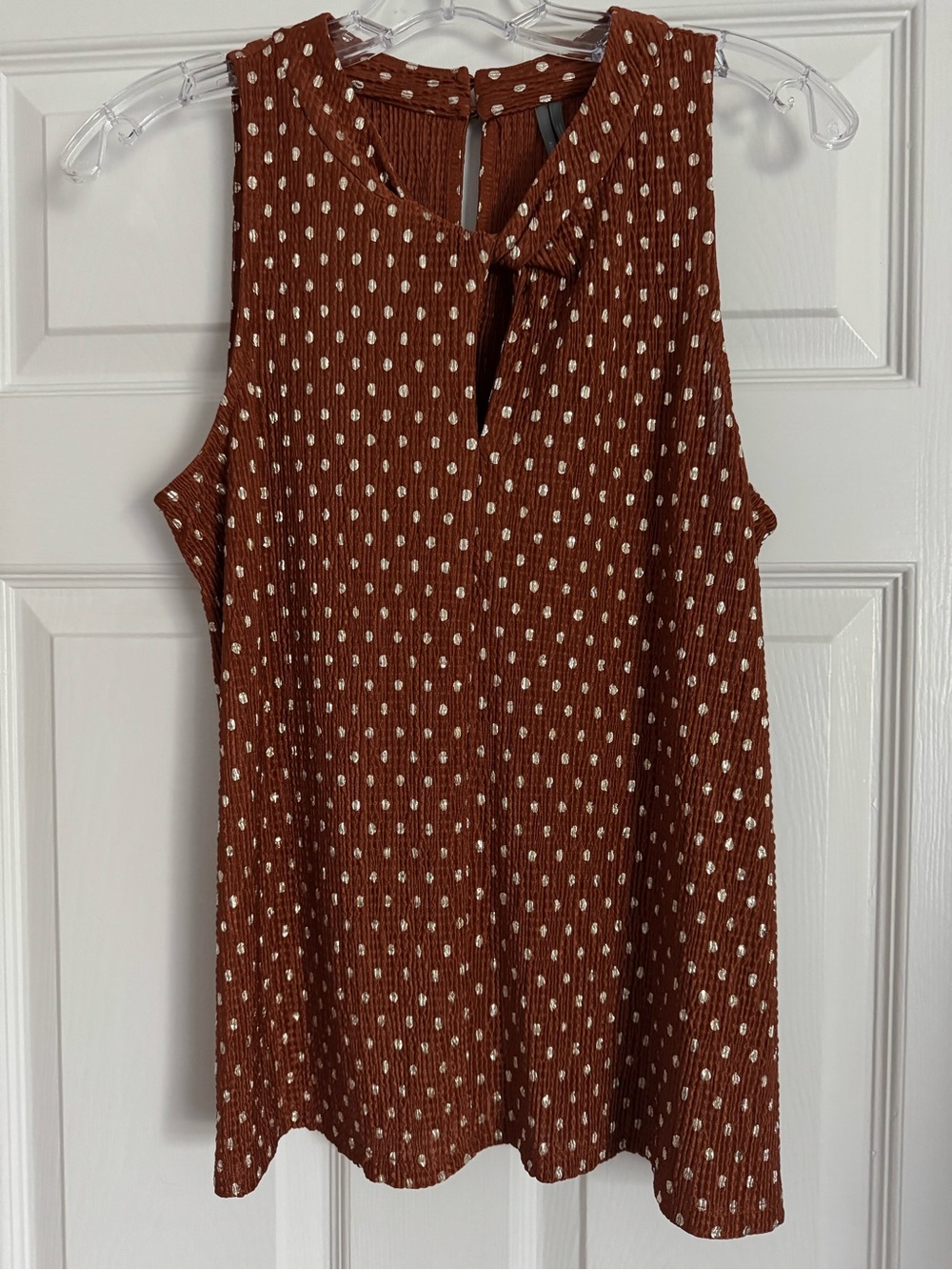 ANTHROPOLOGIE sleeveless brown top, metallic gold dot pattern twisted neckline